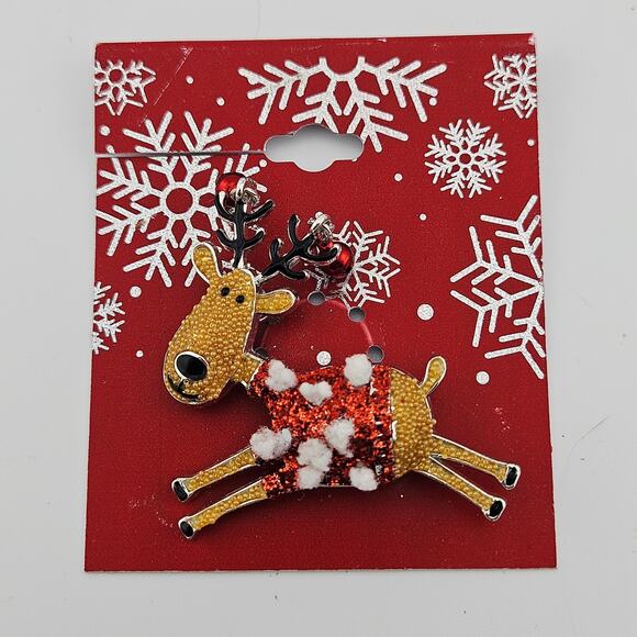 Christmas Reindeer Brooch Pin Ugly Sweater Holiday Party Whimsical Cutesy NWT - Picture 1 of 4